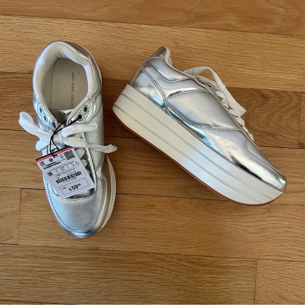 NWT Zara Silver Platform Sneakers